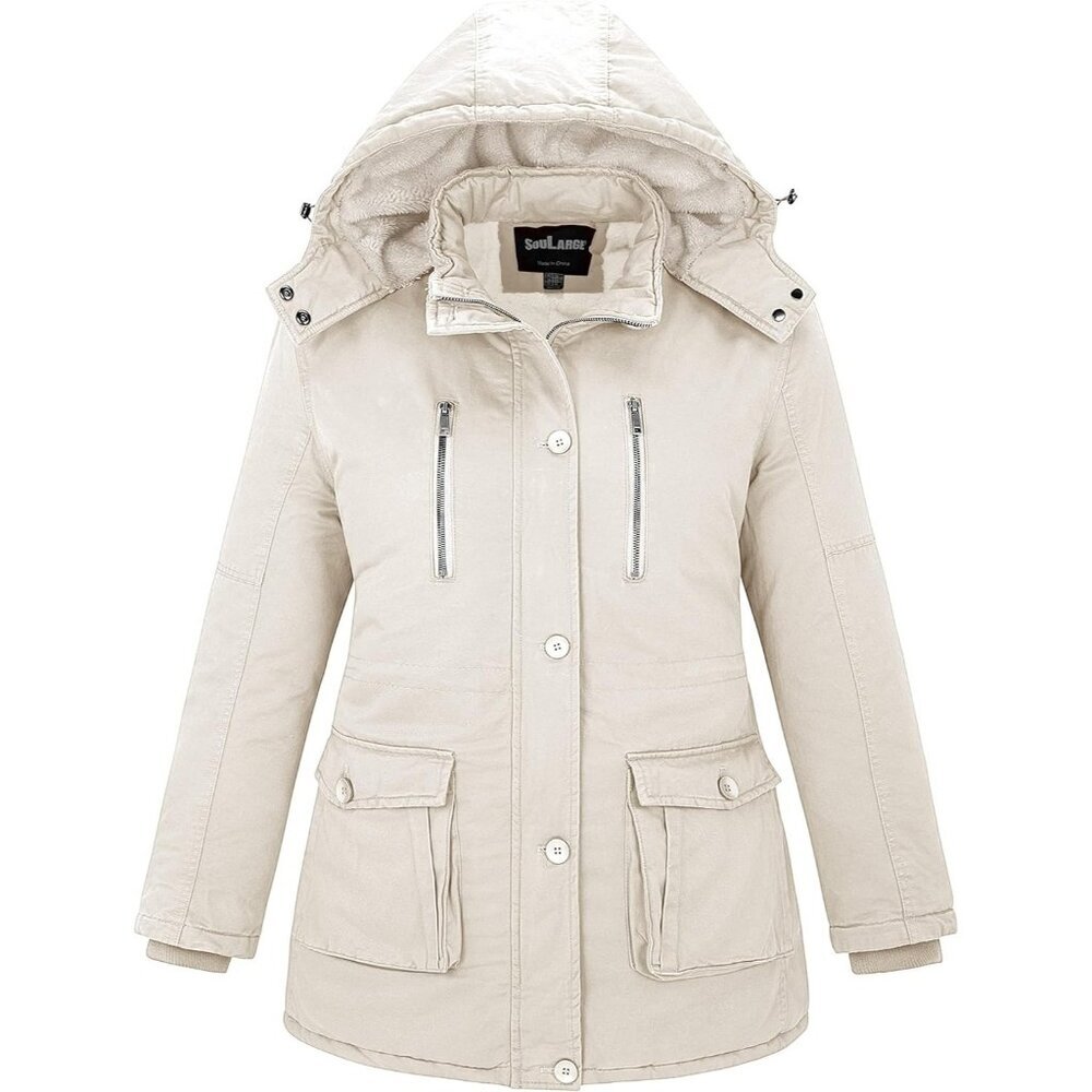 Women's Detachable Beige Hood Jacket Coat Fleece Lined Button Closure Designed